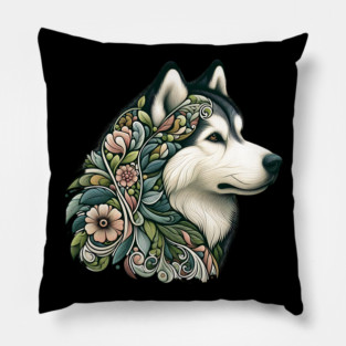 Botanical Alaskan Malamute Dog Illustration Nature Art 2 Pillow