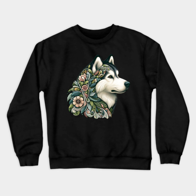 Botanical Alaskan Malamute Dog Illustration Nature Art 2 Crewneck Sweatshirt by BirdsnStuff