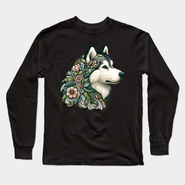 Botanical Alaskan Malamute Dog Illustration Nature Art 2 Long Sleeve T-Shirt by BirdsnStuff