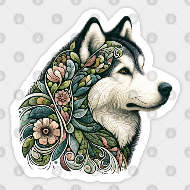 Botanical Alaskan Malamute Dog Illustration Nature Art 2 Sticker by BirdsnStuff