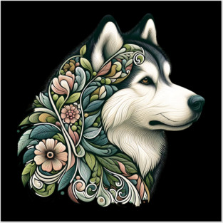 Botanical Alaskan Malamute Dog Illustration Nature Art 2 Posters and Art