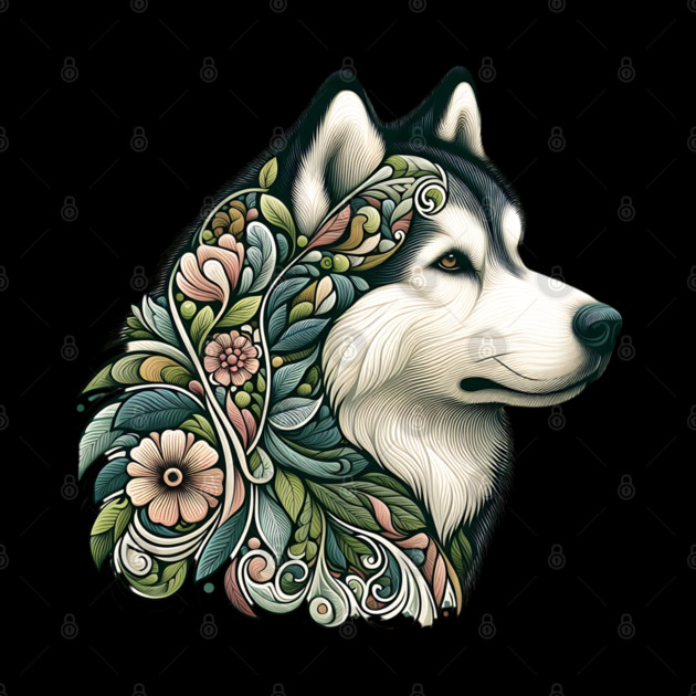 Botanical Alaskan Malamute Dog Illustration Nature Art 2 by BirdsnStuff