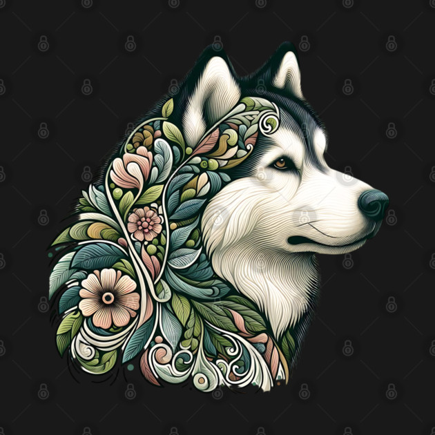 Botanical Alaskan Malamute Dog Illustration Nature Art 2 by BirdsnStuff