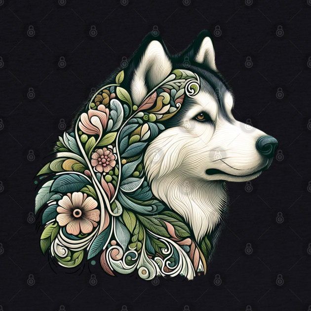 Botanical Alaskan Malamute Dog Illustration Nature Art 2 by BirdsnStuff