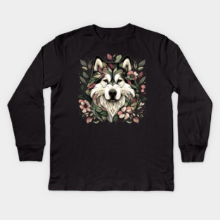 Botanical Alaskan Malamute Dog Illustration Nature Art 3 Kids Long Sleeve T-Shirt