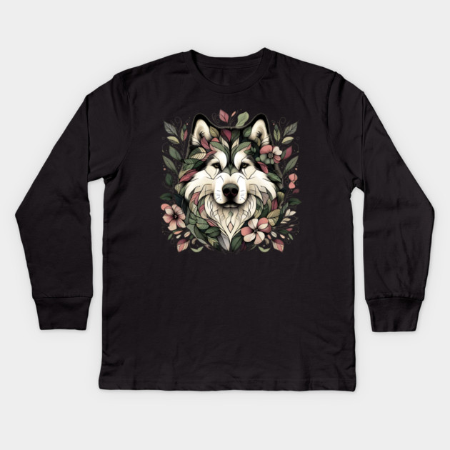 Botanical Alaskan Malamute Dog Illustration Nature Art 3 Kids Long Sleeve T-Shirt by BirdsnStuff