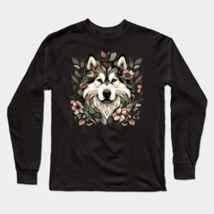 Botanical Alaskan Malamute Dog Illustration Nature Art 3 Long Sleeve T-Shirt