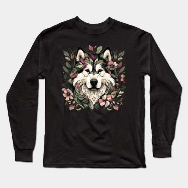 Botanical Alaskan Malamute Dog Illustration Nature Art 3 Long Sleeve T-Shirt by BirdsnStuff