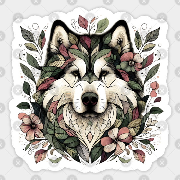 Botanical Alaskan Malamute Dog Illustration Nature Art 3 Sticker by BirdsnStuff
