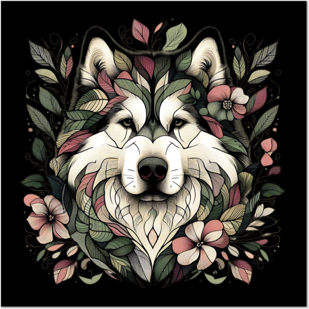 Botanical Alaskan Malamute Dog Illustration Nature Art 3 Wall Art by BirdsnStuff
