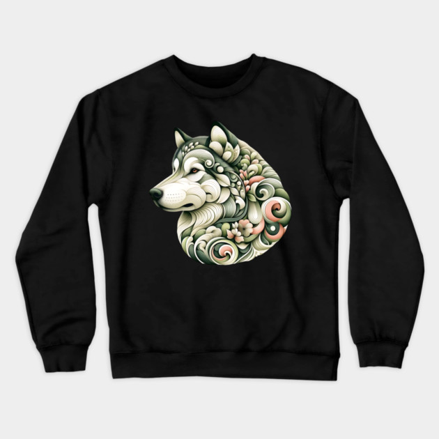 Botanical Alaskan Malamute Dog Illustration Nature Art Crewneck Sweatshirt by BirdsnStuff