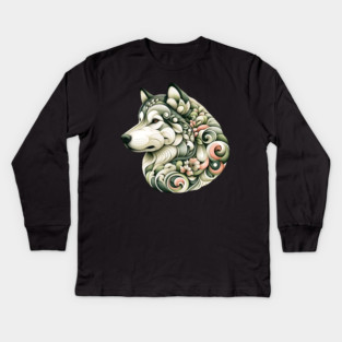 Botanical Alaskan Malamute Dog Illustration Nature Art Kids Long Sleeve T-Shirt