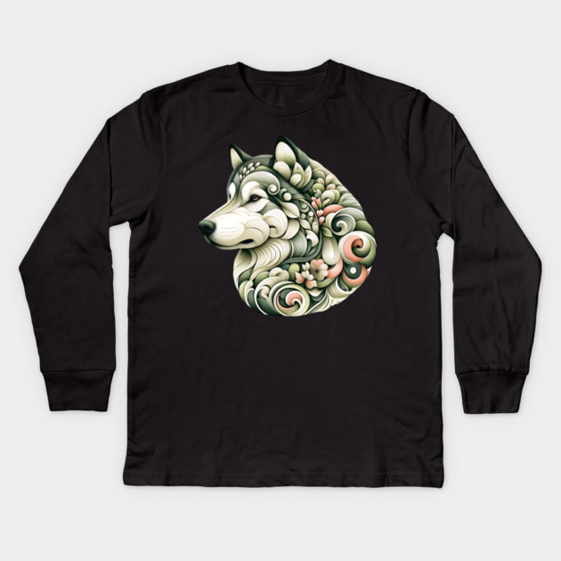 Botanical Alaskan Malamute Dog Illustration Nature Art Kids Long Sleeve T-Shirt by BirdsnStuff