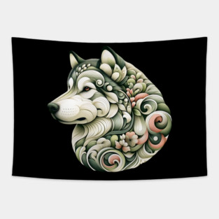 Botanical Alaskan Malamute Dog Illustration Nature Art Tapestry