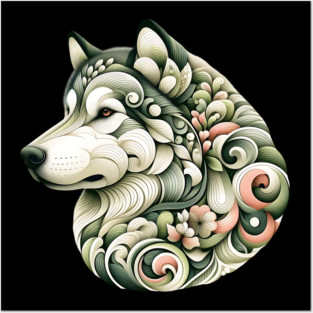 Botanical Alaskan Malamute Dog Illustration Nature Art Posters and Art