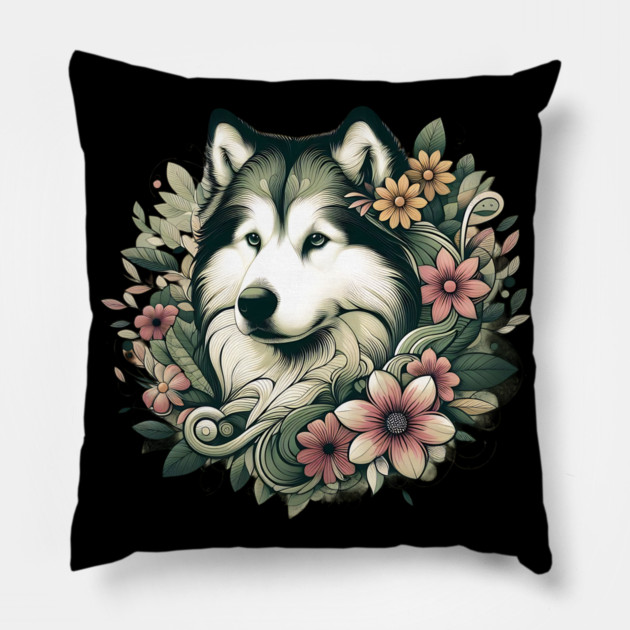 Botanical Alaskan Malamute Dog Illustration Nature Art 4 Pillow by BirdsnStuff