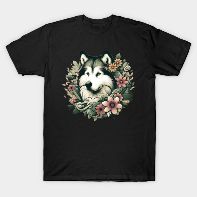 Botanical Alaskan Malamute Dog Illustration Nature Art 4 T-Shirt by BirdsnStuff