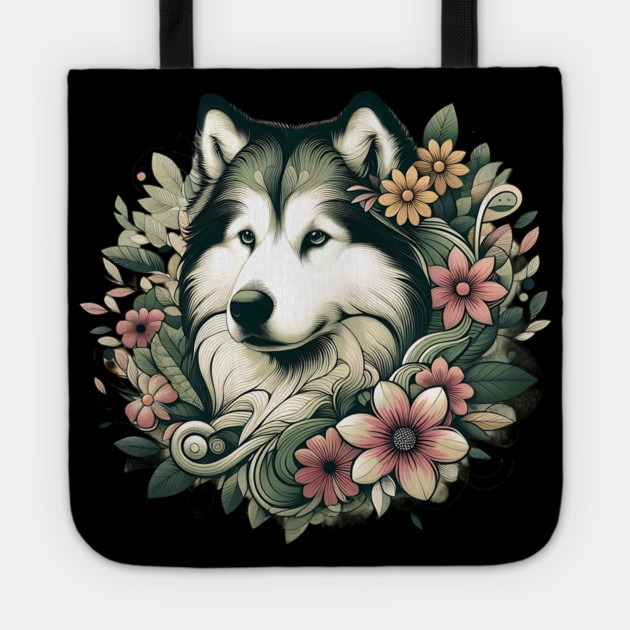 Botanical Alaskan Malamute Dog Illustration Nature Art 4 Tote by BirdsnStuff