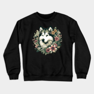 Botanical Alaskan Malamute Dog Illustration Nature Art 4 Crewneck Sweatshirt