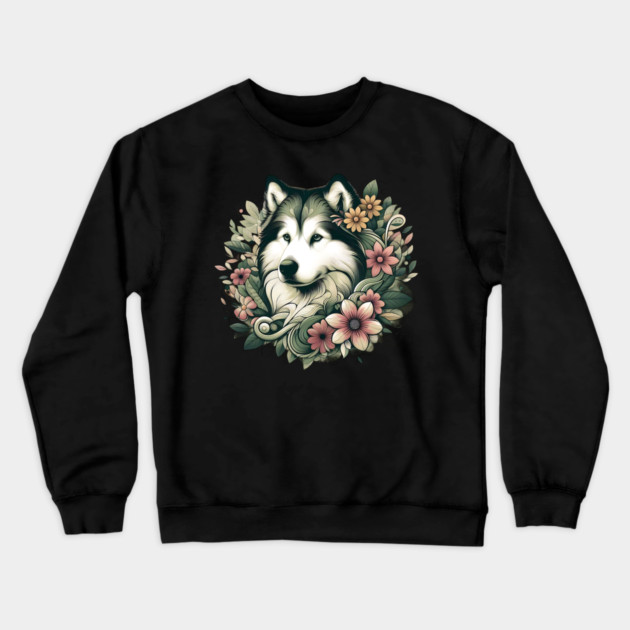 Botanical Alaskan Malamute Dog Illustration Nature Art 4 Crewneck Sweatshirt by BirdsnStuff