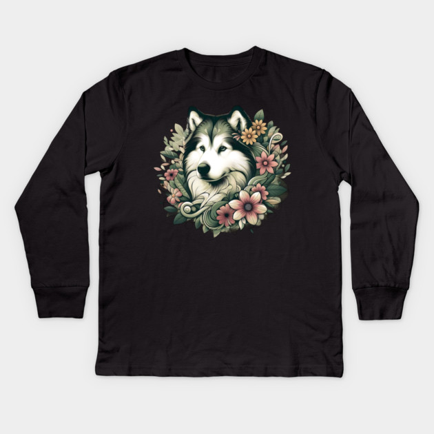 Botanical Alaskan Malamute Dog Illustration Nature Art 4 Kids Long Sleeve T-Shirt by BirdsnStuff