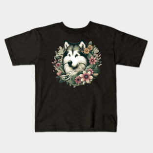 Botanical Alaskan Malamute Dog Illustration Nature Art 4 Kids T-Shirt