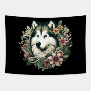 Botanical Alaskan Malamute Dog Illustration Nature Art 4 Tapestry