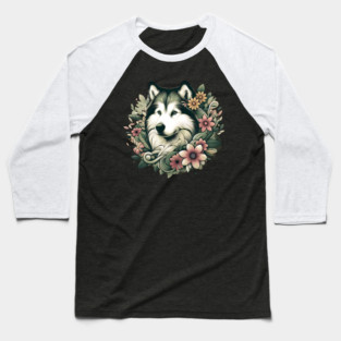 Botanical Alaskan Malamute Dog Illustration Nature Art 4 Baseball T-Shirt