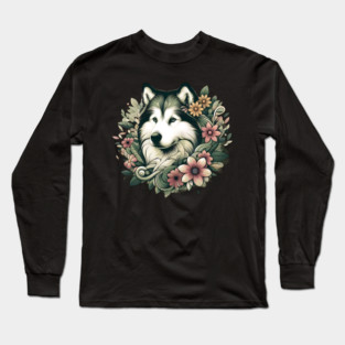Botanical Alaskan Malamute Dog Illustration Nature Art 4 Long Sleeve T-Shirt