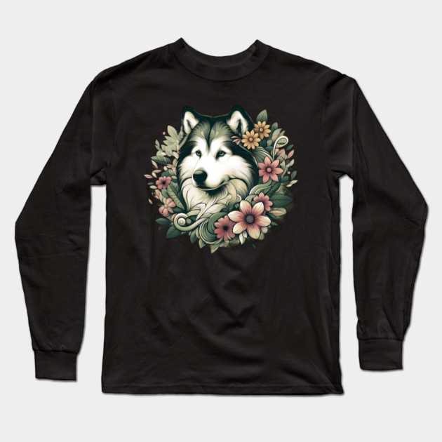Botanical Alaskan Malamute Dog Illustration Nature Art 4 Long Sleeve T-Shirt by BirdsnStuff