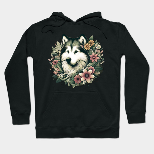 Botanical Alaskan Malamute Dog Illustration Nature Art 4 Hoodie by BirdsnStuff