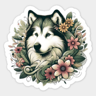 Botanical Alaskan Malamute Dog Illustration Nature Art 4 Sticker