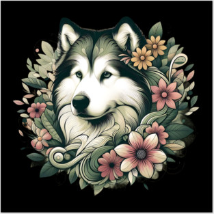 Botanical Alaskan Malamute Dog Illustration Nature Art 4 Posters and Art