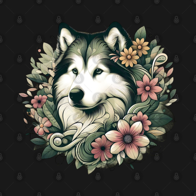 Botanical Alaskan Malamute Dog Illustration Nature Art 4 by BirdsnStuff