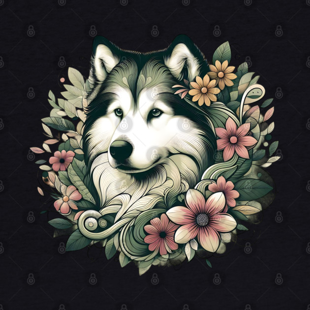 Botanical Alaskan Malamute Dog Illustration Nature Art 4 by BirdsnStuff