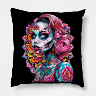 women  Emotional  Face tattoo skull flowers Pillow