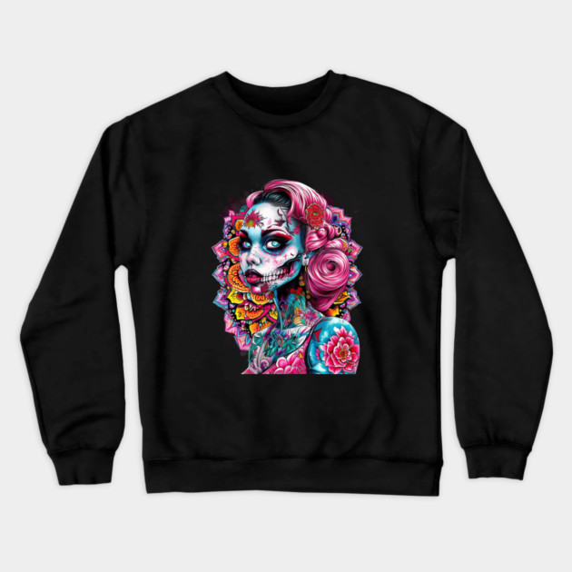 women  Emotional  Face tattoo skull flowers Crewneck Sweatshirt by animegirlnft