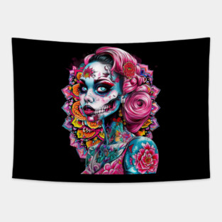 women  Emotional  Face tattoo skull flowers Tapestry