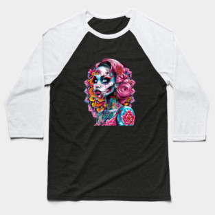 women  Emotional  Face tattoo skull flowers Baseball T-Shirt