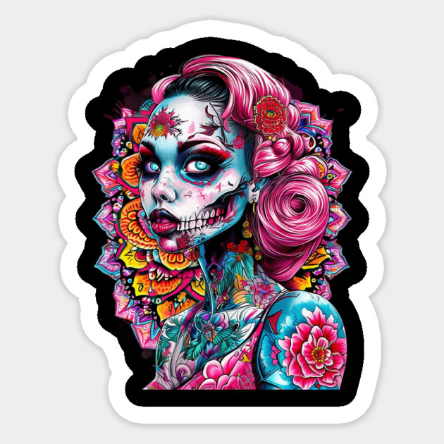 women  Emotional  Face tattoo skull flowers Sticker by animegirlnft