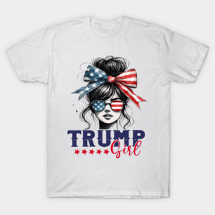 Trump Girl Messy Bun Trump 2025 American Flag Pro Trump T-Shirt