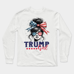 Trump Girl Messy Bun Trump 2025 American Flag Pro Trump Long Sleeve T-Shirt