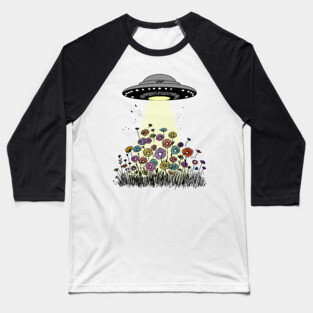 UFO Beaming Up Flowers Baseball T-Shirt
