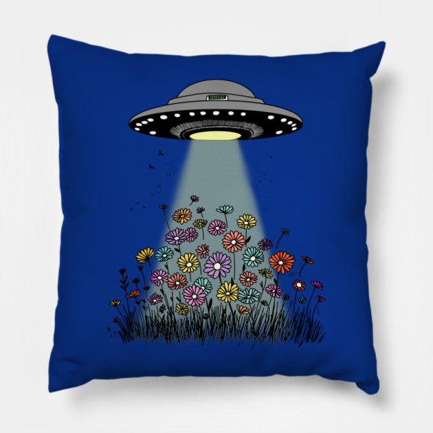 UFO Beaming Up Flowers Pillow by H. R. Sinclair
