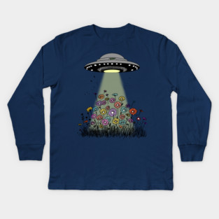 UFO Beaming Up Flowers Kids Long Sleeve T-Shirt