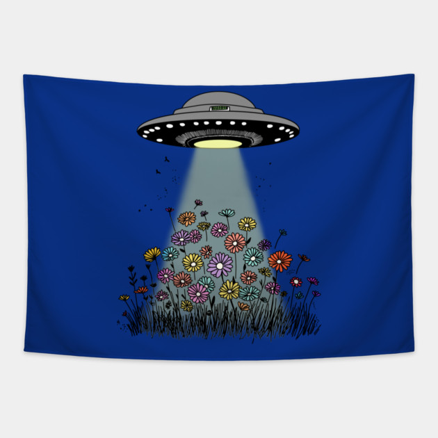 UFO Beaming Up Flowers Tapestry by H. R. Sinclair