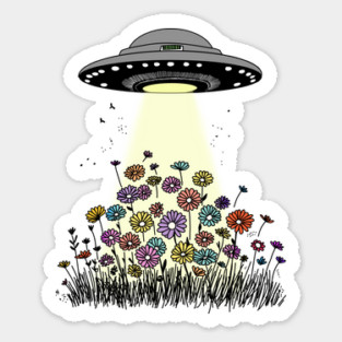 UFO Beaming Up Flowers Sticker