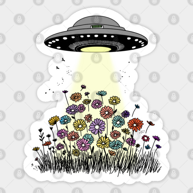UFO Beaming Up Flowers Sticker by H. R. Sinclair