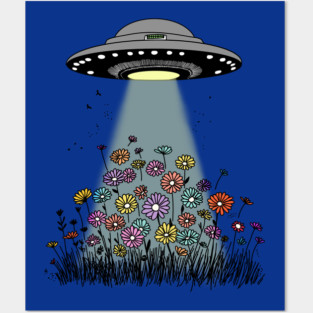 UFO Beaming Up Flowers Posters and Art