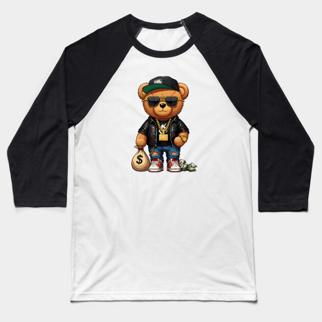 Hip-Hop Teddy Bear - Get Money Baseball T-Shirt by UrbanLifeApparel
